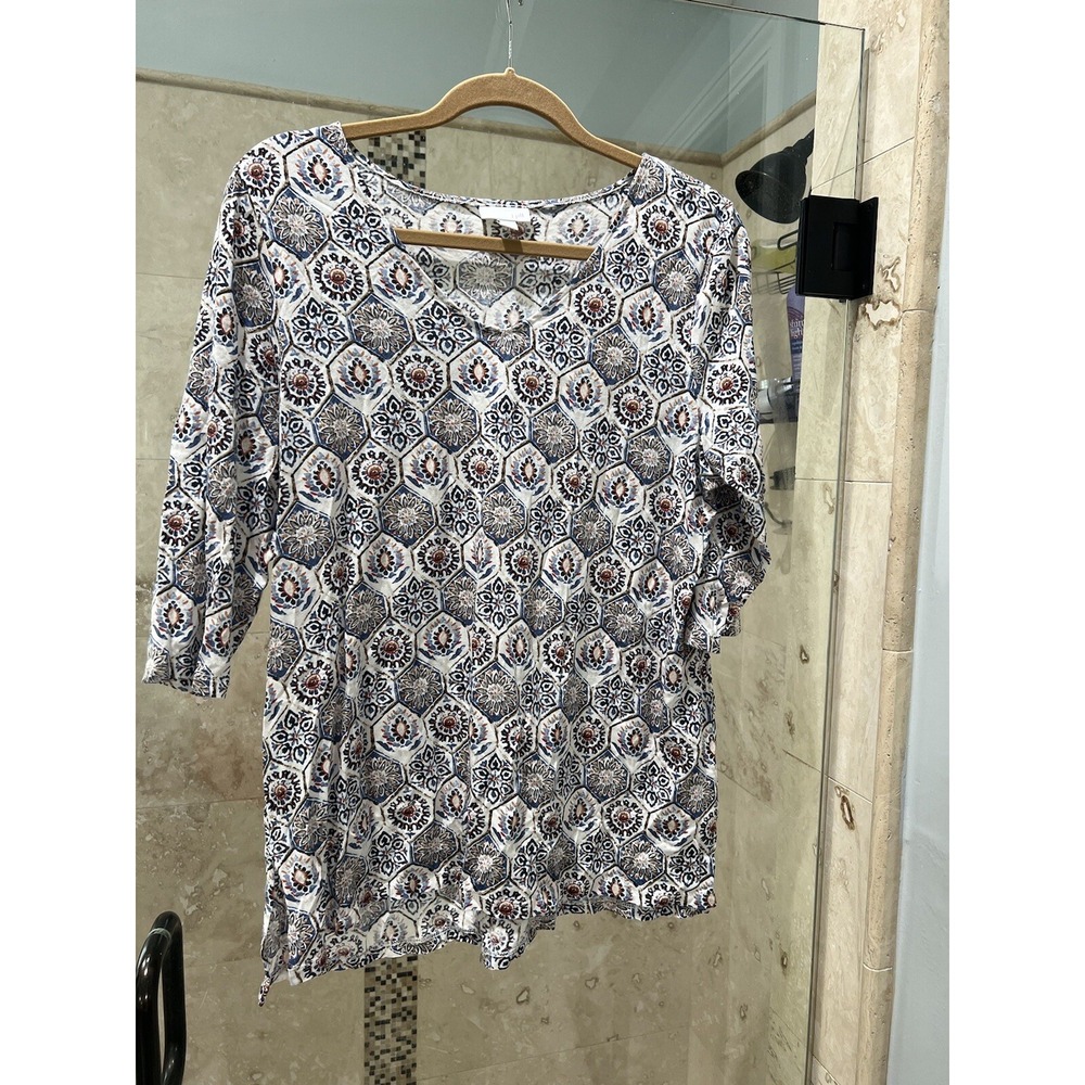 J. Jill Womens Floral Pullover Blouse Top L Cotton Earthy Tan Print 3/4 Sleeve
